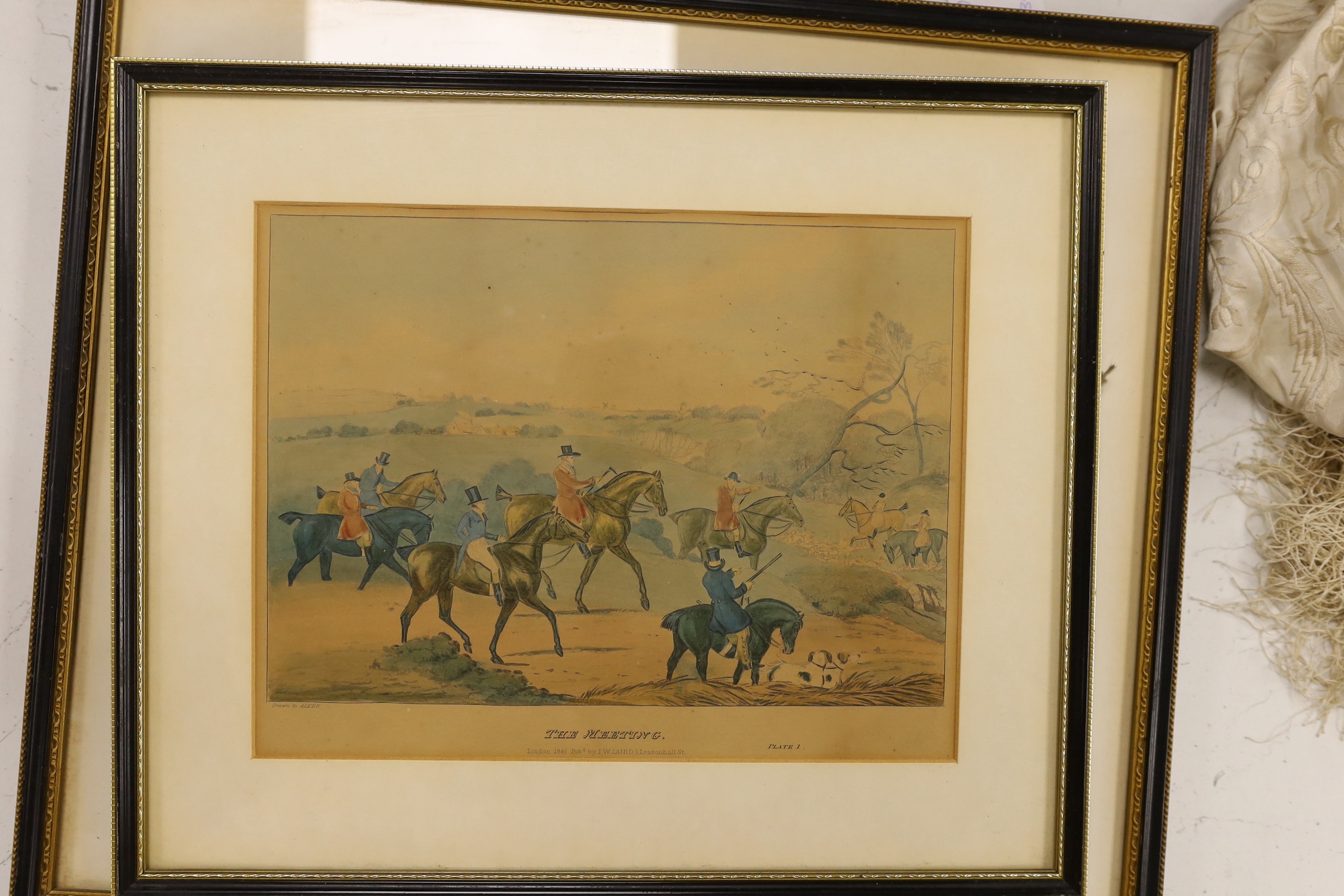 Four coloured prints after Max Beerbohm: Walt Whitman, Matthew Arnold, Danté in Oxford and Board of Trade, 34 x 21cm approx. and four hunting scenes after Alken